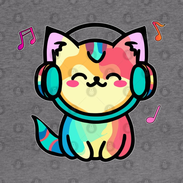 Happy smiling baby pussy cat with headphones. Kawaii cartoon by SPJE Illustration Photography